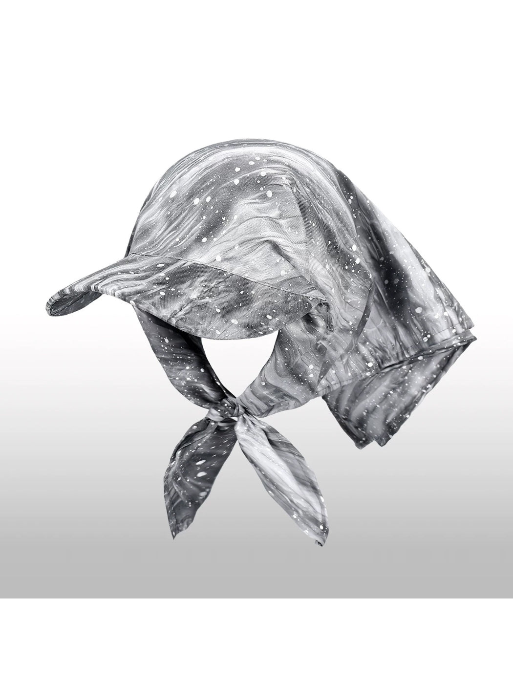 Front view of Haila silver wire graffiti tie back turban hat on white background