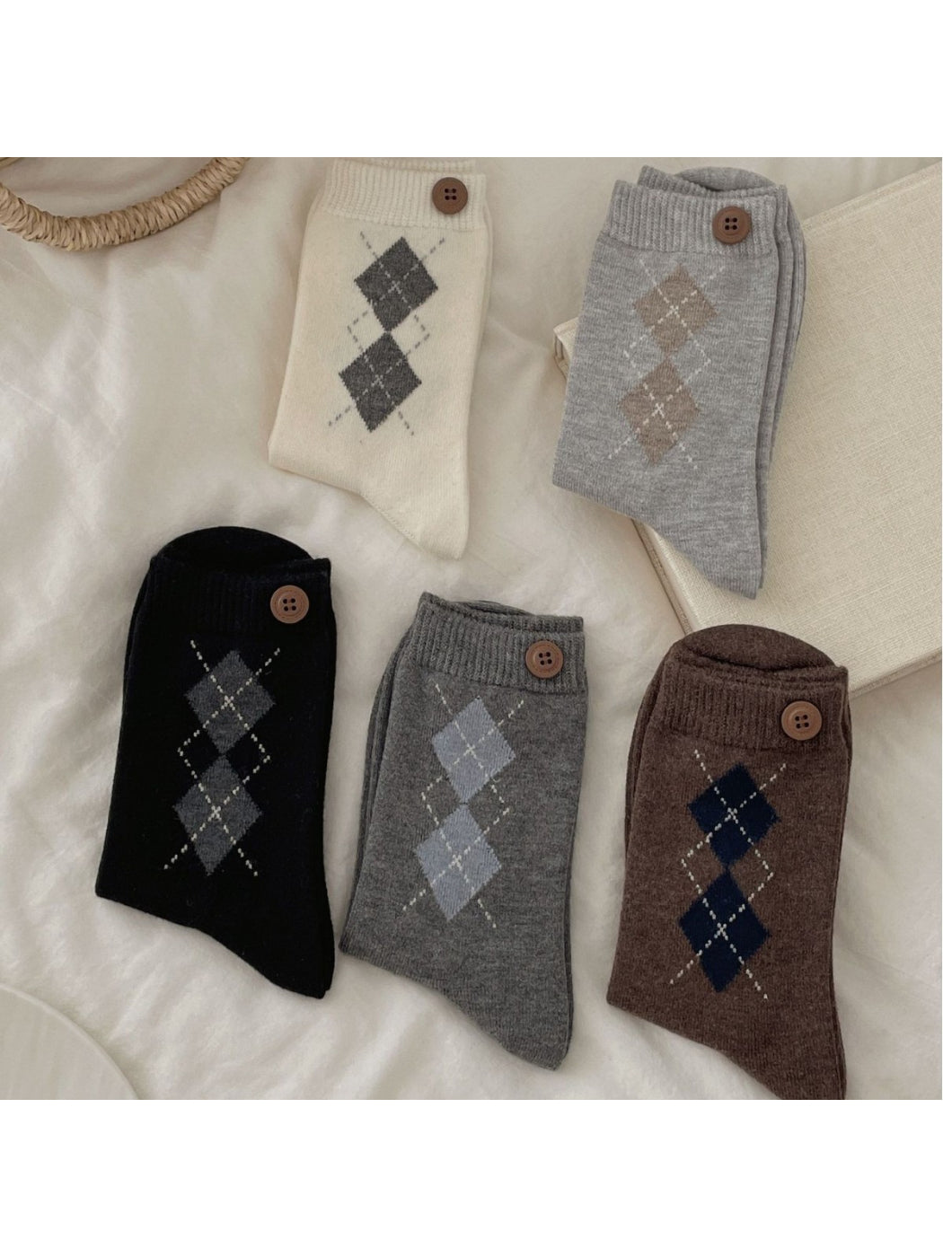Rufia - Argyle Crew Socks with Button Detail
