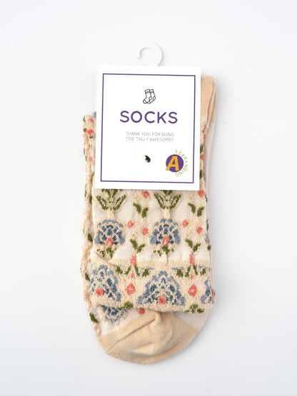 Rufia Embossed Vintage Floral Mid-Calf Socks with floral motif and knit texture
