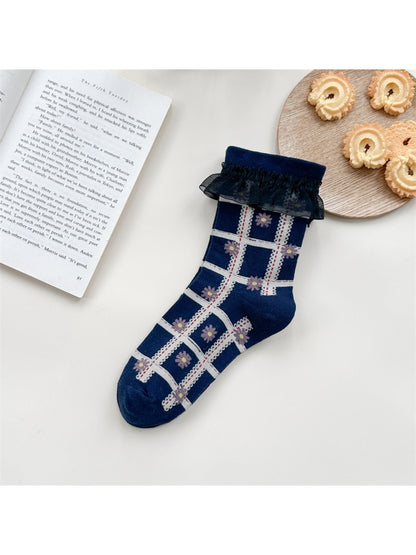 Rufia - Lace Trim Plaid Floral Crew Socks