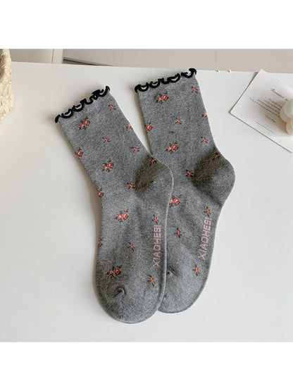 Rufia - Women's Rolled Cuff Socks with Bow & Floral Pattern