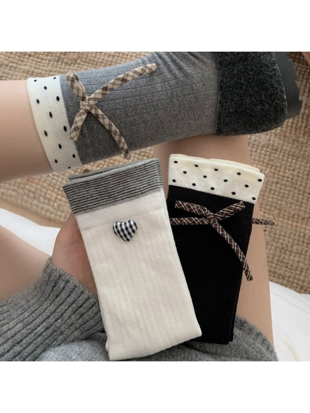 Rufia - Heart Button and Bow Accent Crew Socks