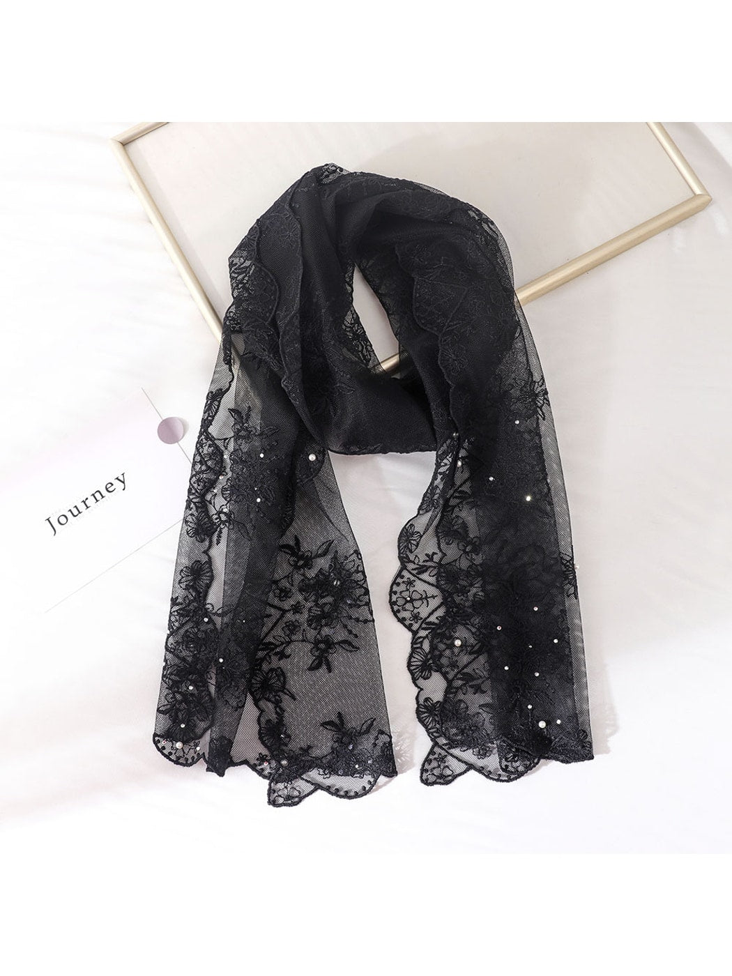 Scarvii - Floral Embroidered Sheer Long Neck Scarf