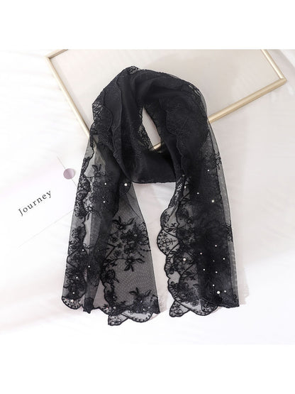 Scarvii - Floral Embroidered Sheer Long Neck Scarf