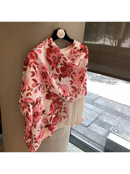 Scarvii - Rose Bloom Print Tassel Women's Scarf