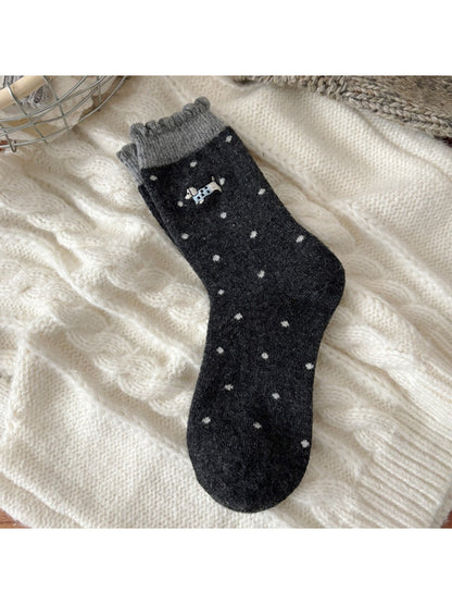 Rufia - Cute Puppy Embroidered Dot Crew Socks
