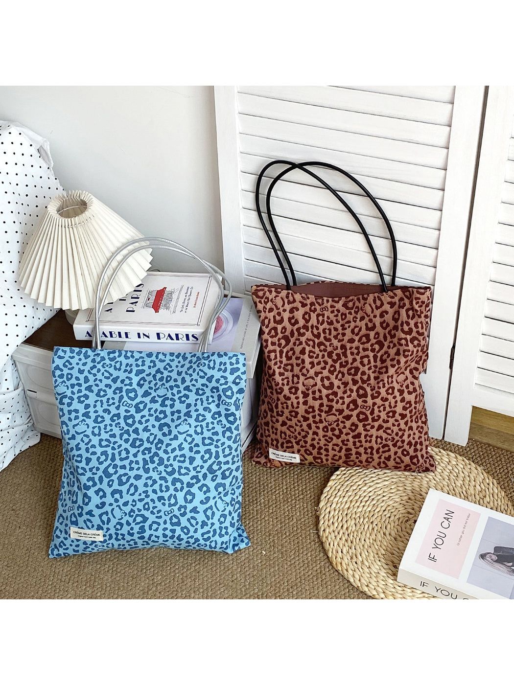 Close-up of Cosbai leopard print tote bag fabric texture and pattern