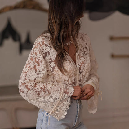 Crosa - Embroidered Lace Cardigan Top - Boho