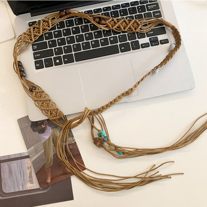 Beco Blue Beaded Braided Wide Tassel Tie Waist Belt product shape