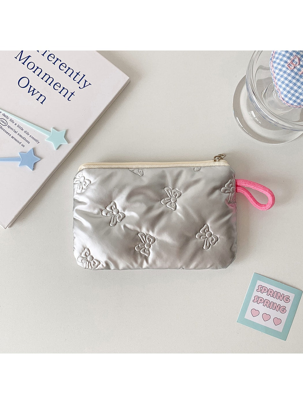 Cosbai - Quilted Heart Pattern Zip Pouch Bag