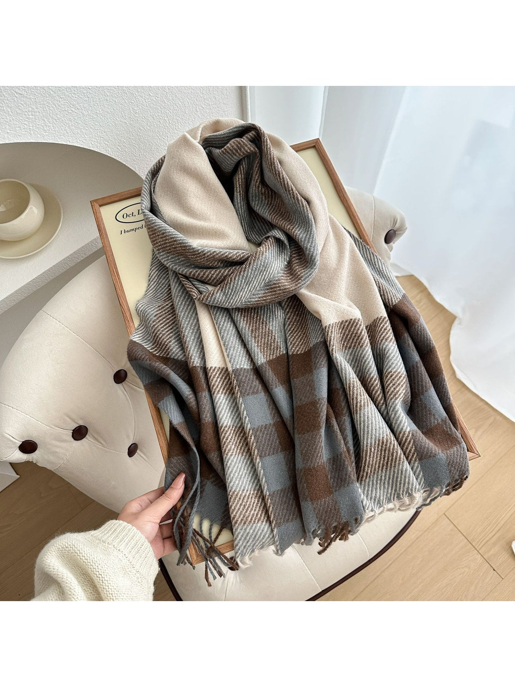 Scarvii - Checked Colorblock Tassel Shawl Scarf