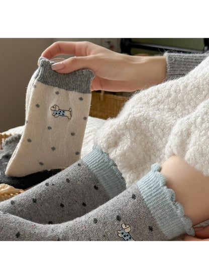 Rufia - Cute Puppy Embroidered Dot Crew Socks
