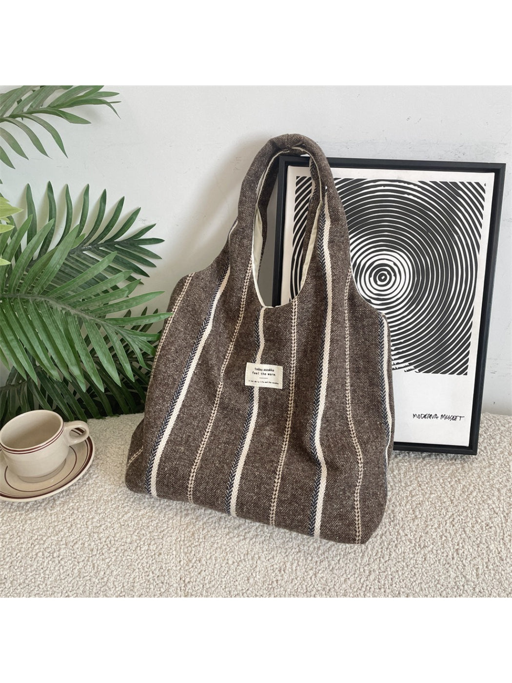 Cosbai vintage stripe slouchy tote bag shown flat with clear view of vintage multicolor stripes