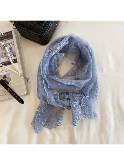 Scarvii - Floral Embroidery Long Lace Scarf