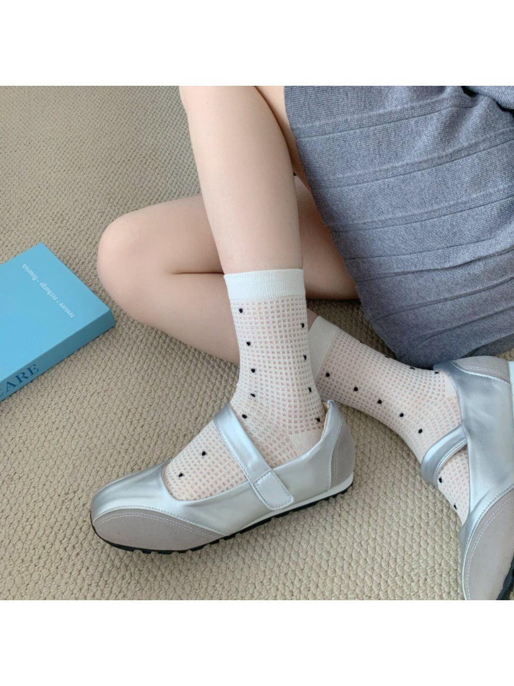 Rufia Waffle Dot Crew Socks displayed flat, highlighting texture and pattern