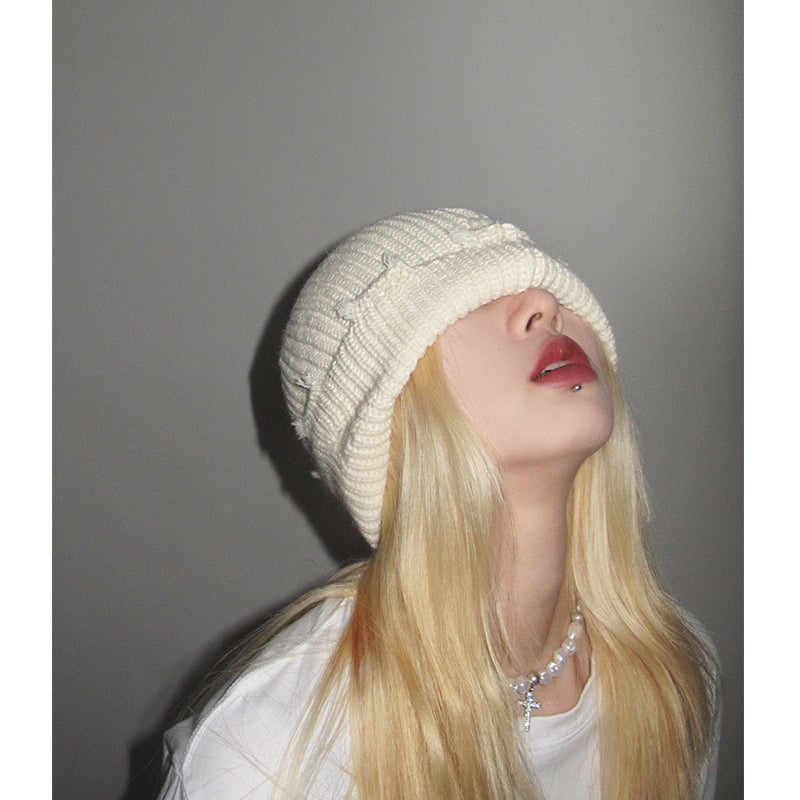 Haila - Solid Color Distressed Frayed Knitted Hat for Women