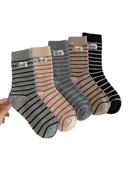 Rufia - Striped Cartoon Puppy Label Casual Crew Socks