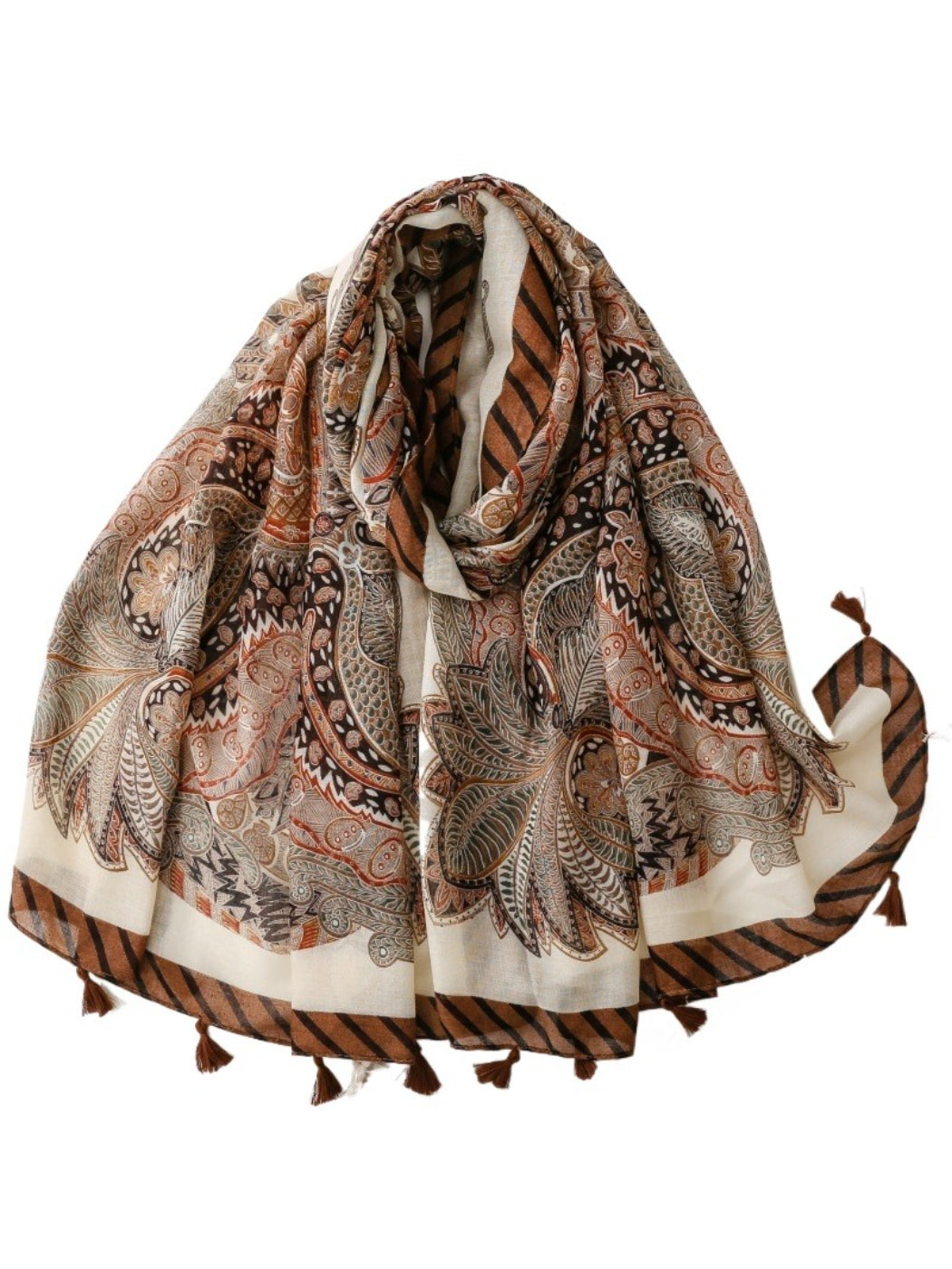 Boho paisley wrap scarf with tassels displayed flat on white background
