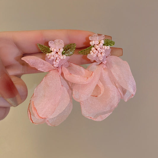 Pink Chiffon Petal Earrings – Delicate Floral Drops