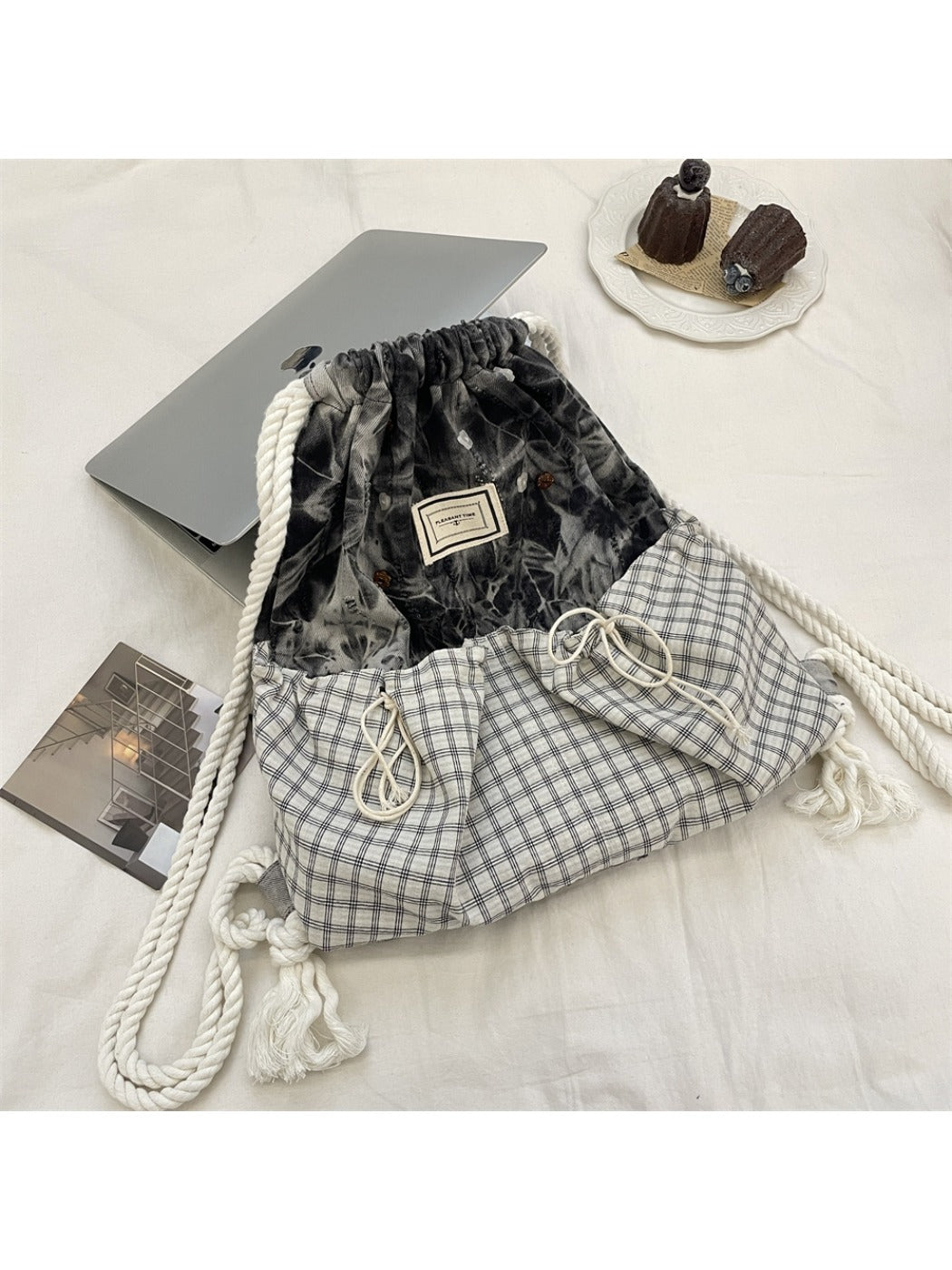 Cosbai – Plaid & Denim Drawstring Backpack