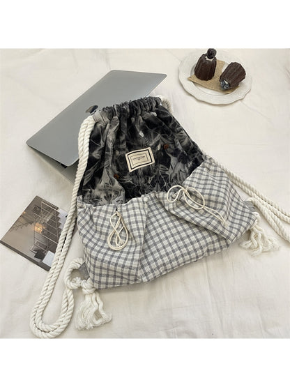 Cosbai – Plaid & Denim Drawstring Backpack