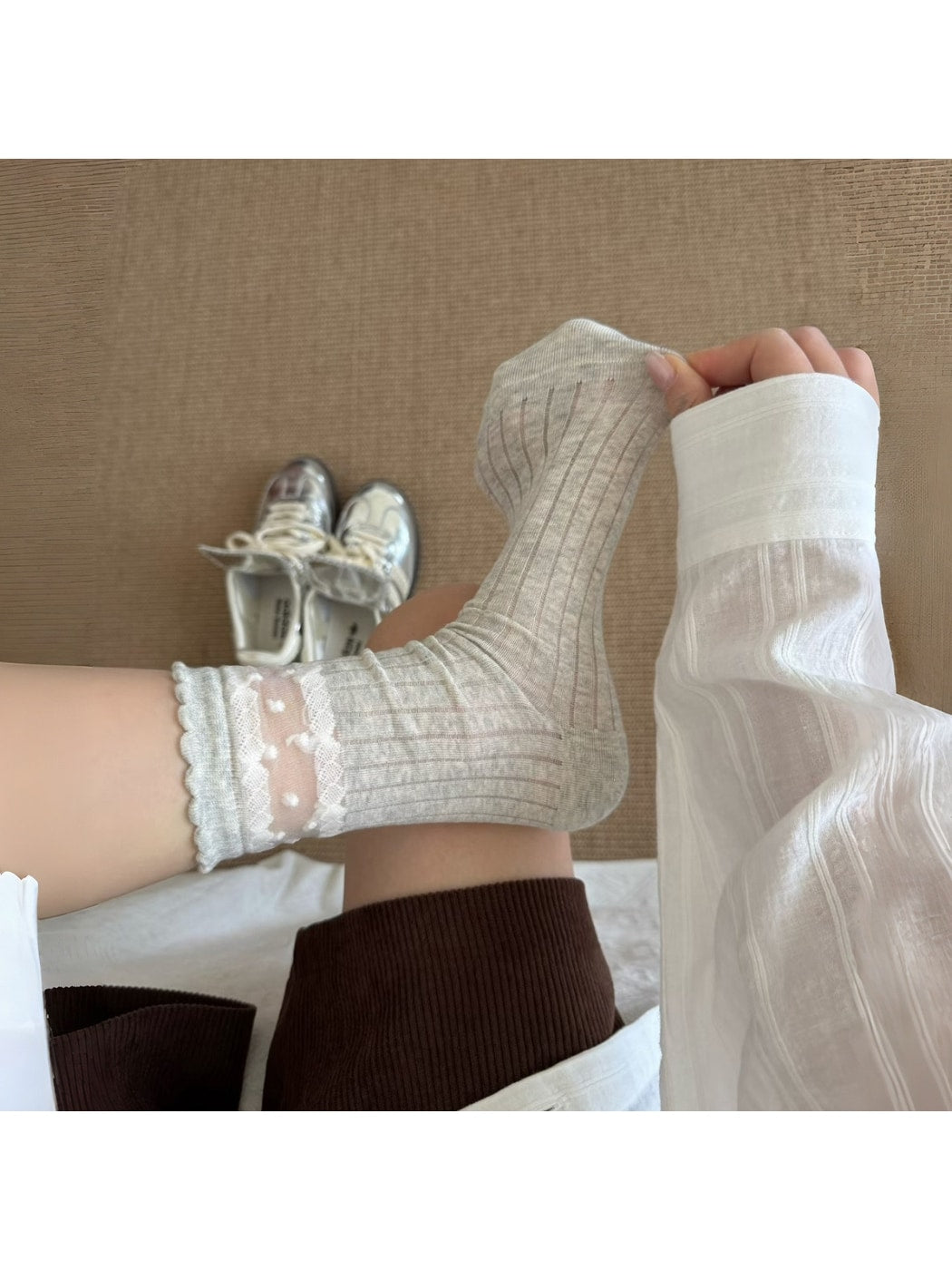 Rufia - Muted Polka Dot Ruffle Trim Crew Socks