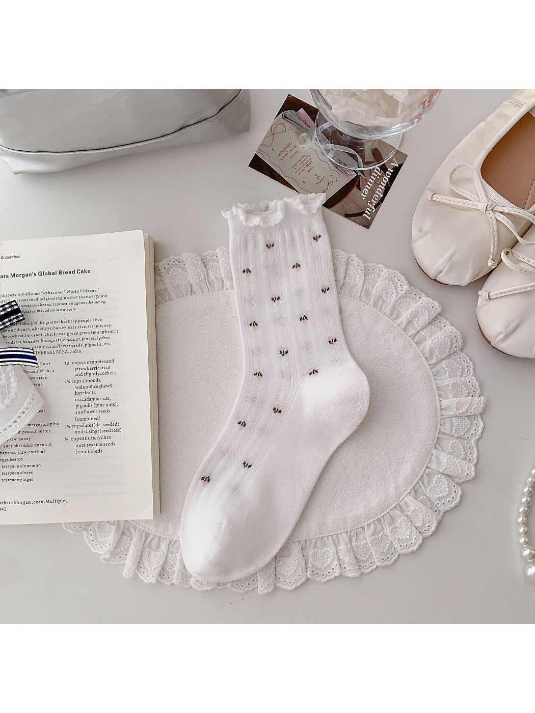 Rufia - Sweet Floral Ruffle Scrunch Mid-Calf Socks