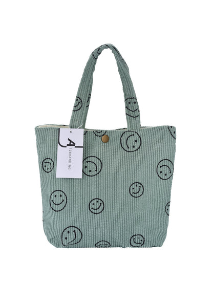 Cosbai - Black Smiley Face Corduroy Tote Bag