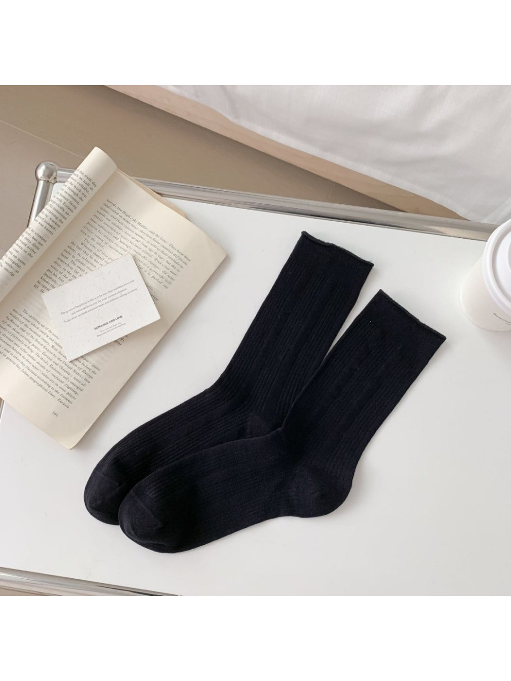 Side view of Rufia Essential Solid Crew Socks showing ribbed cuff