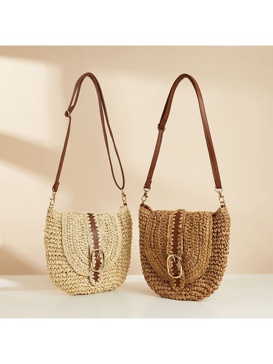 Cosbai buckle detail straw crossbody bag front view on white background