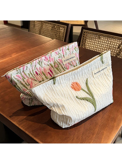 Cosbai – Tulip & Cherry Embossed Canvas Makeup Bag