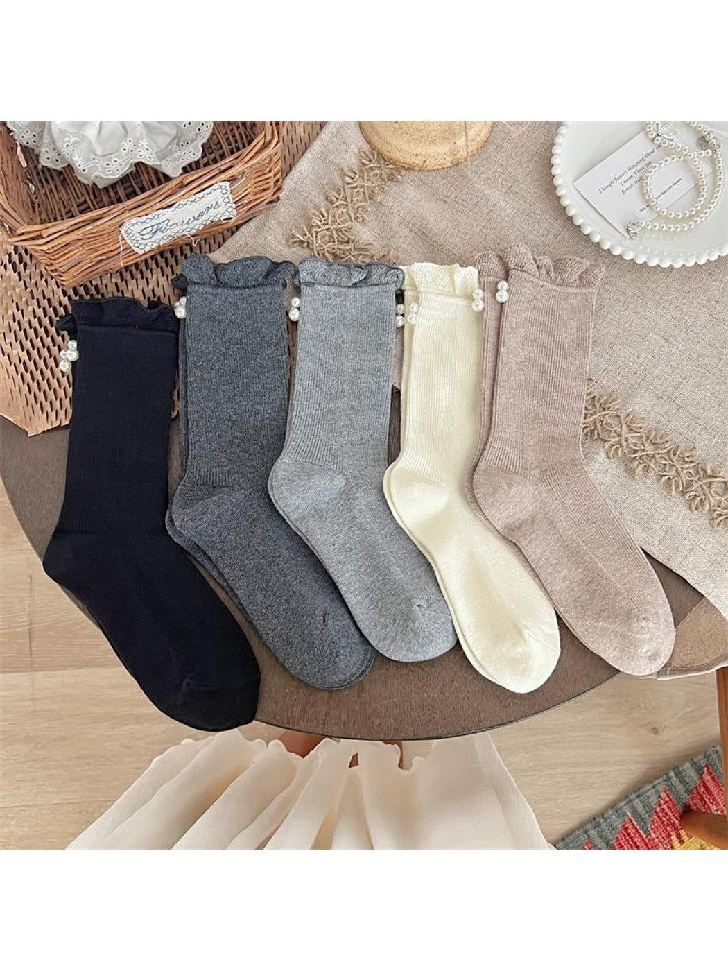 Rufia - Beaded Decorate Solid Color Crew Socks