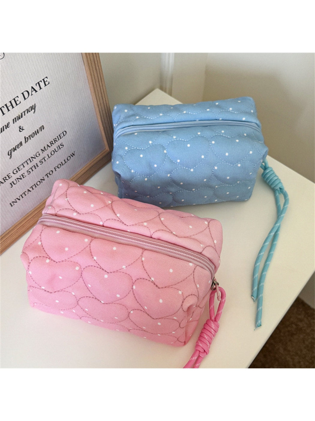Cosbai - Polka Dots Print Heart Quilted Cosmetic Bag