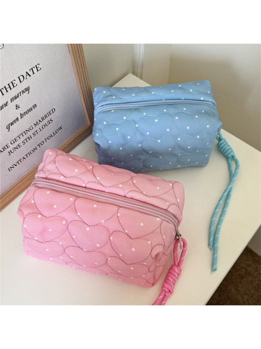 Cosbai - Polka Dots Print Heart Quilted Cosmetic Bag