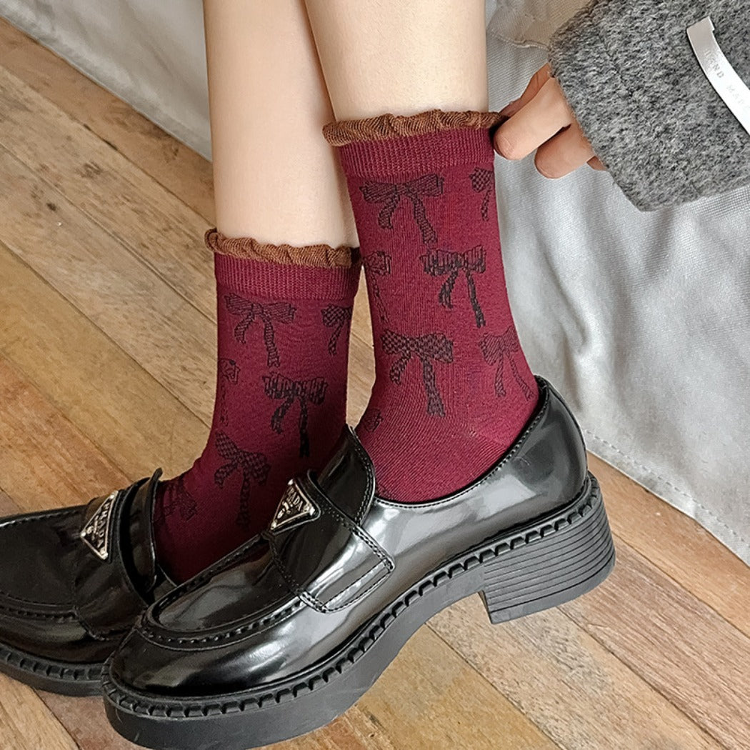 Rufia - Retro Doodle Bow Crew Socks - Sweet & Stylish