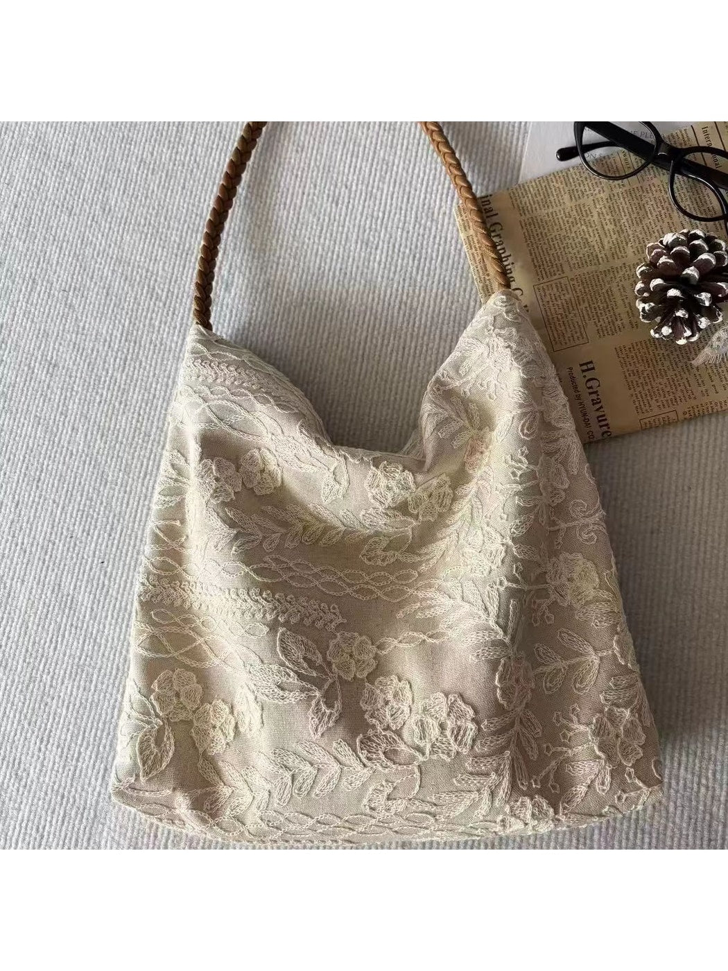 Cosbai - Soft Floral Embroidered Daily Tote Bag