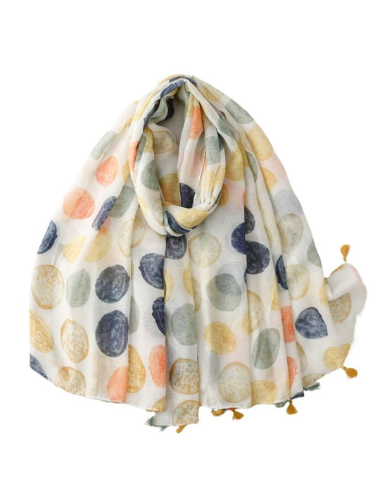 Scarvii Watercolour Dot Tassel Scarf folded showing multicolor dot pattern and tassels