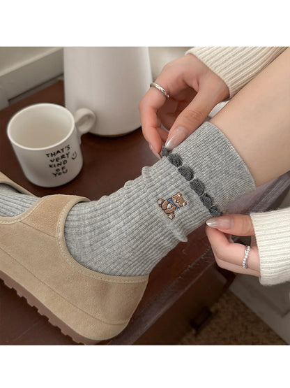 Rufia - Embroidered Animal Ribbed Folded Cuff Socks