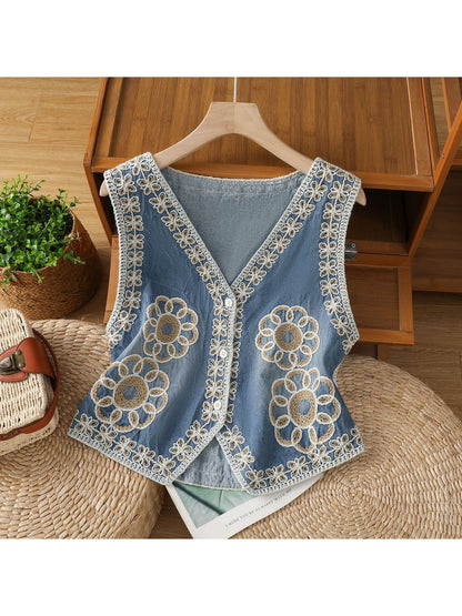 Crosa - Blue Floral Button Front V-Neck Vest Top