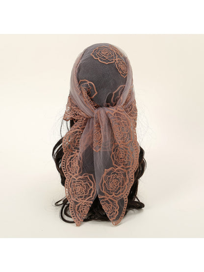 Scarvii - Rose Embroidered Lace Detail Square Scarf