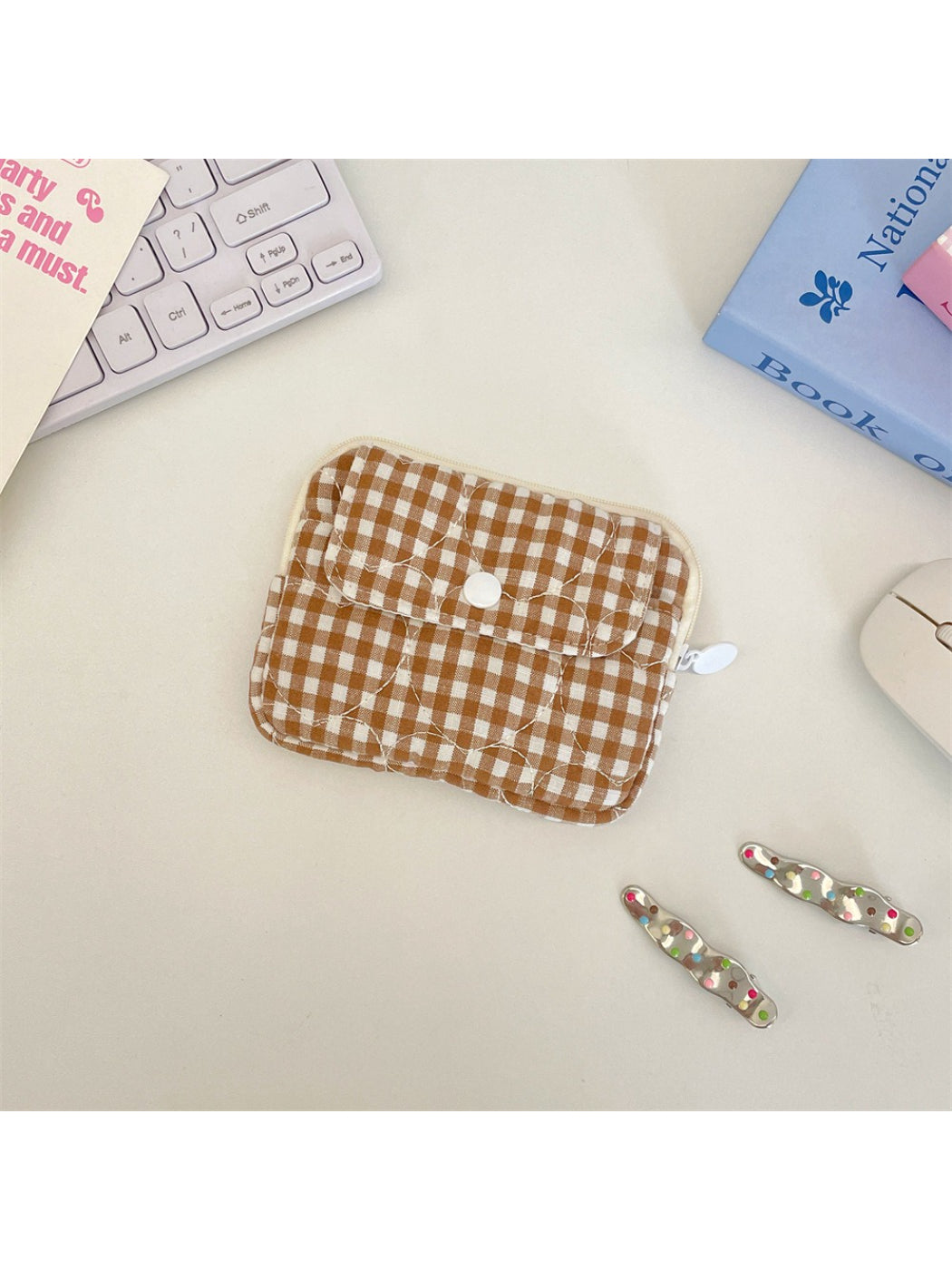 Back view of Cosbai gingham quilted mini card pouch with stitching details