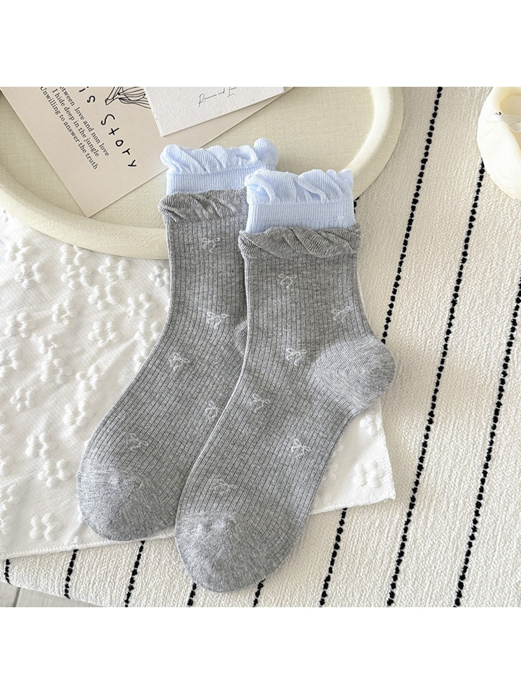 Rufia - Cute Double Cuff Contrast Detail Crew Socks