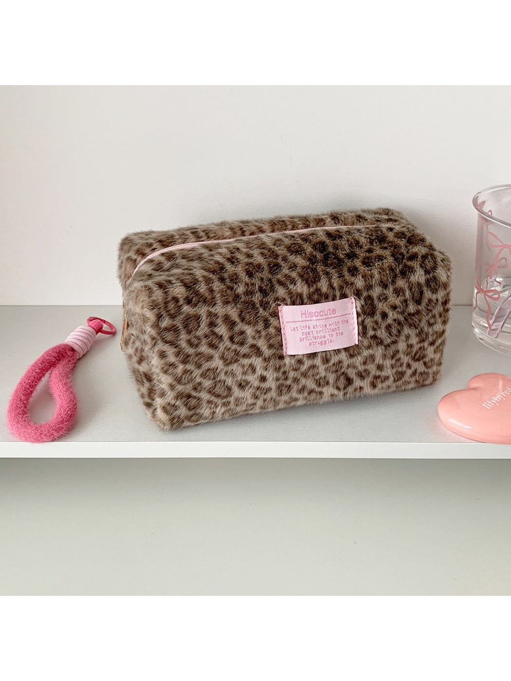 Cosbai - Plush Leopard Print Cosmetic Storage Bag