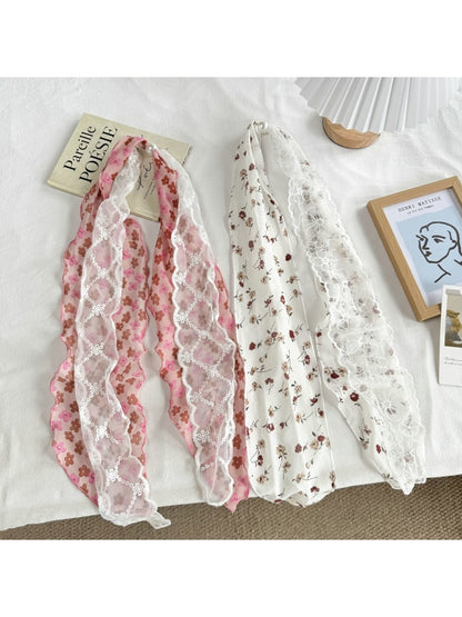 Scarvii - Lace Double Layer Floral Long Narrow Scarf