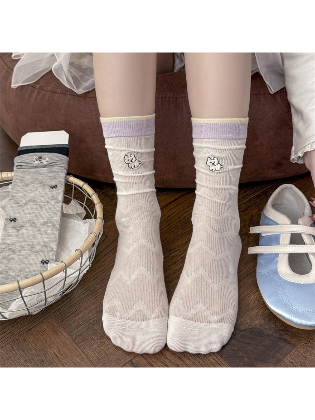 Rufia dog embroidered mesh low cut socks displayed flat with visible dog pattern