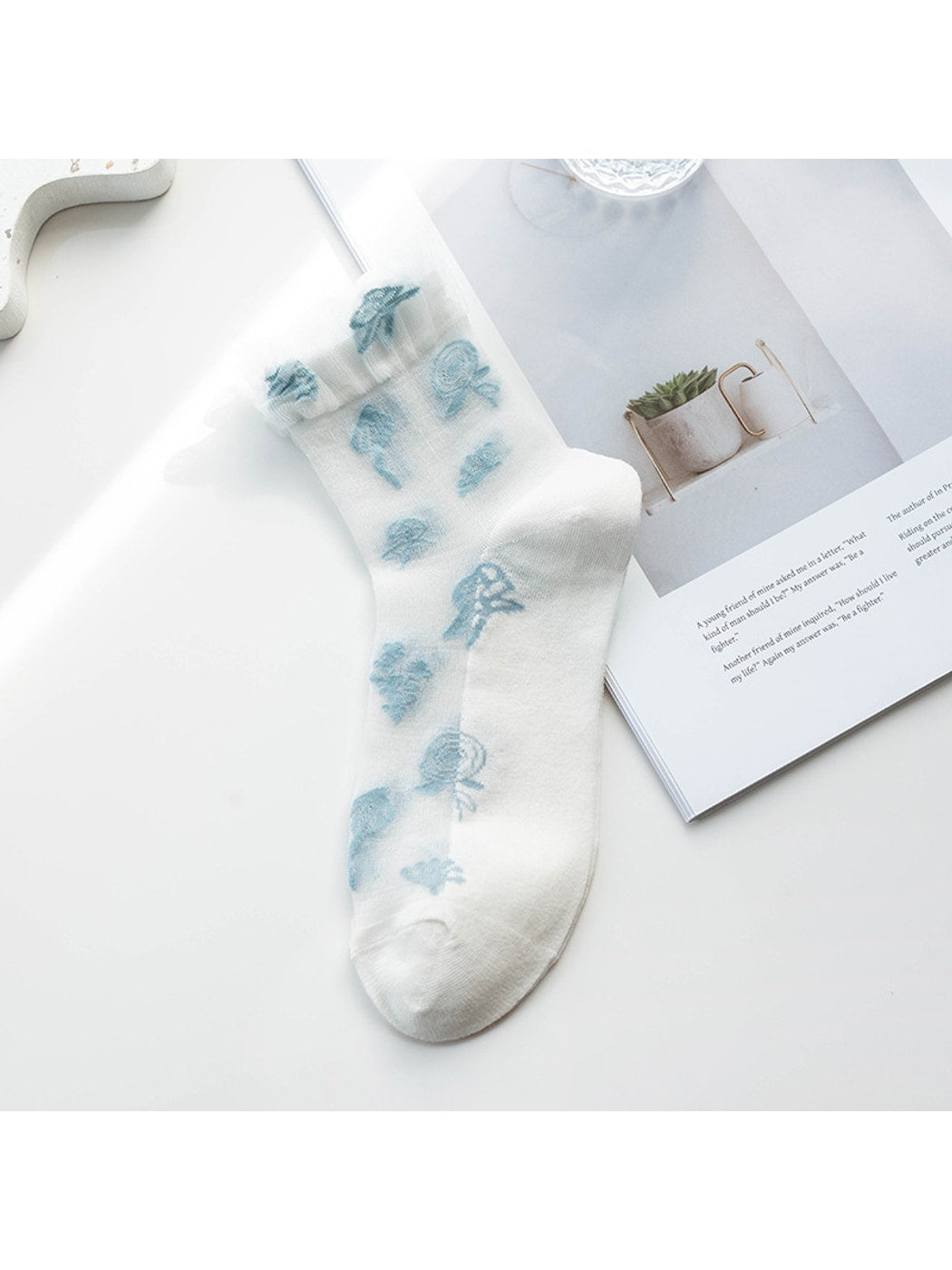 Rufia - Ruffle Cuff Floral Crew Socks