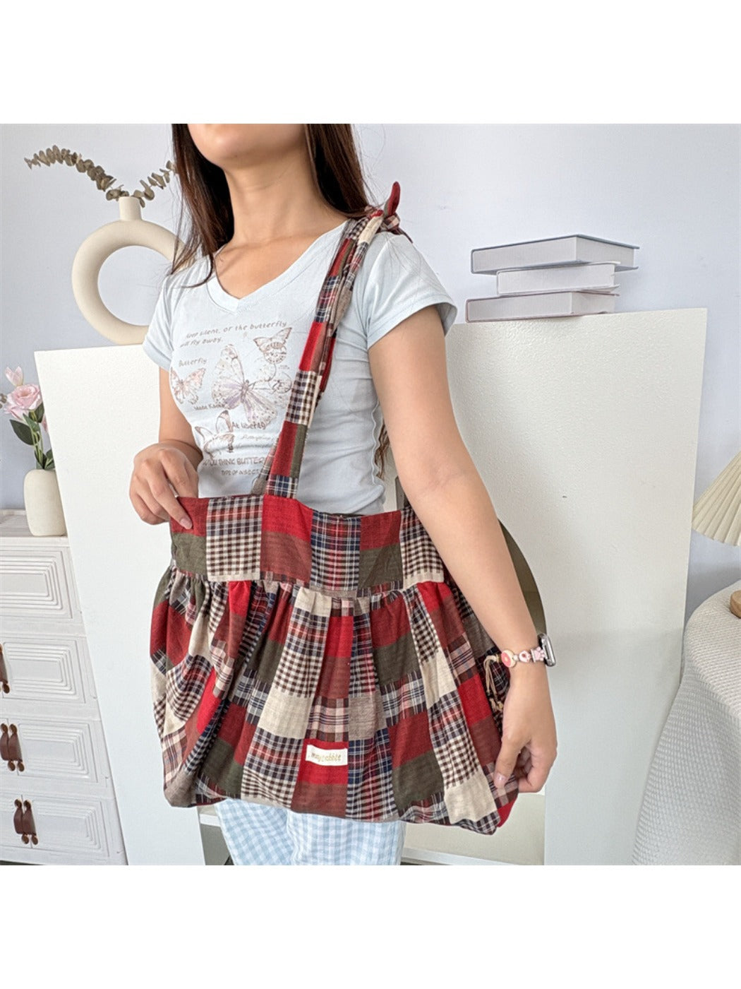 Cosbai Retro Plaid Shoulder Bag front and side view on neutral background
