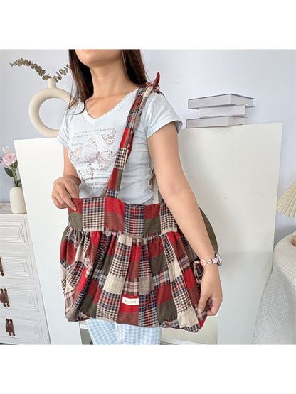 Cosbai Retro Plaid Shoulder Bag front and side view on neutral background