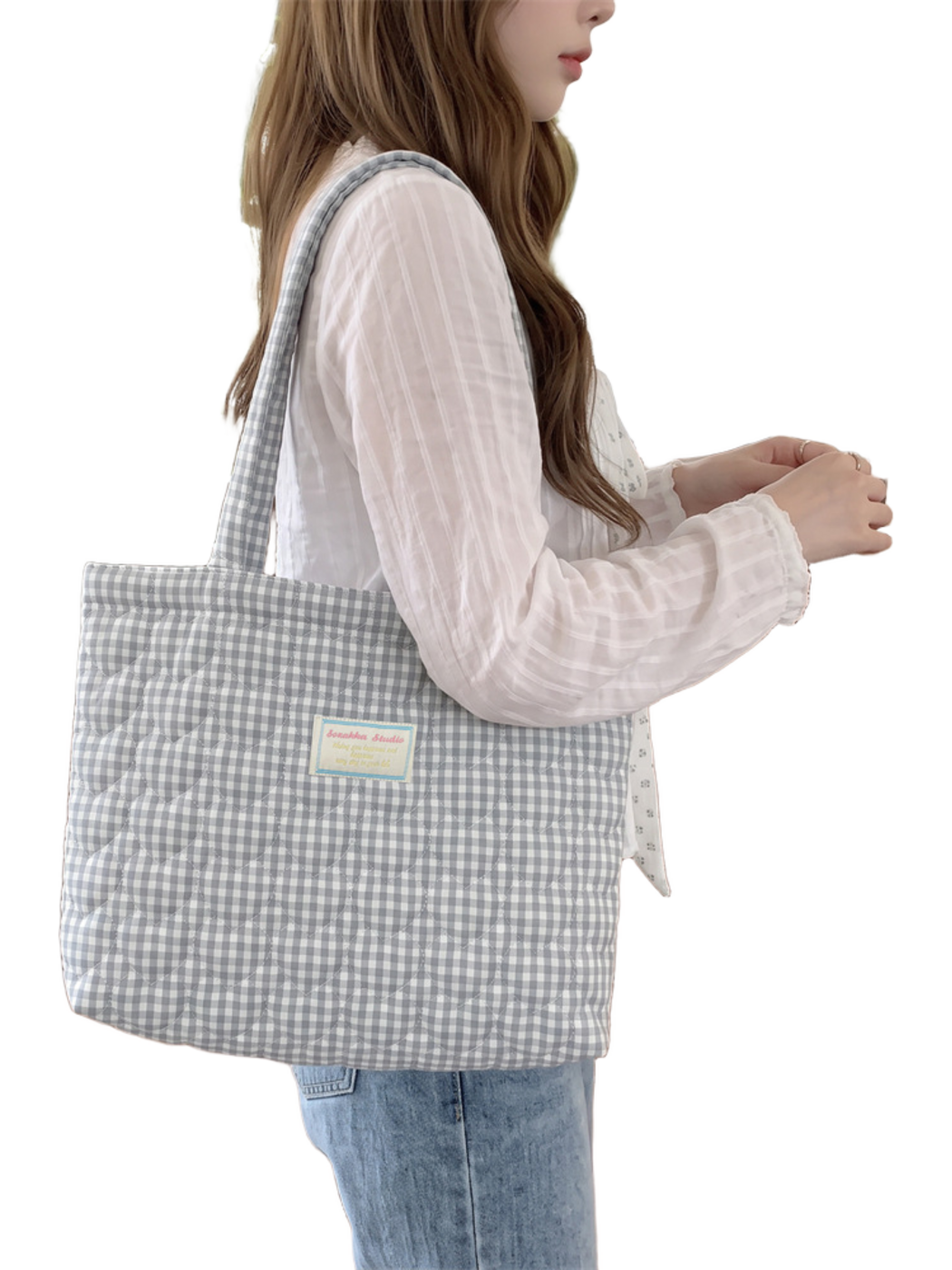 Light Blue gingham tote carried over the shoulder, close front view