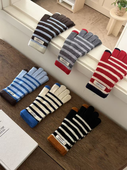 Gray, Red, Blue, Ivory, Black and Brown striped gloves displayed together
